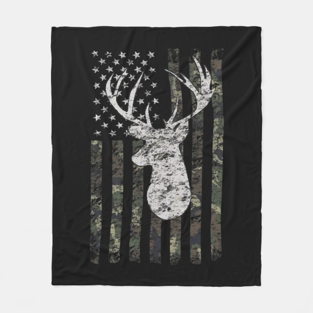 Deer Hunting Camo American Flag Fleece Blanket (Front)