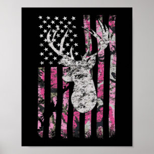 Deer Hunting Camo American Flag Pink Buck  Poster