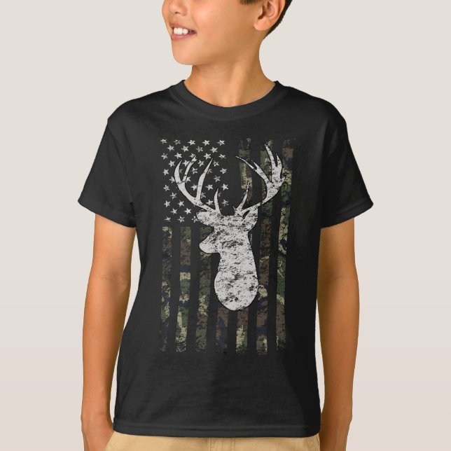 Deer Hunting Camo American Flag T-Shirt (Front)