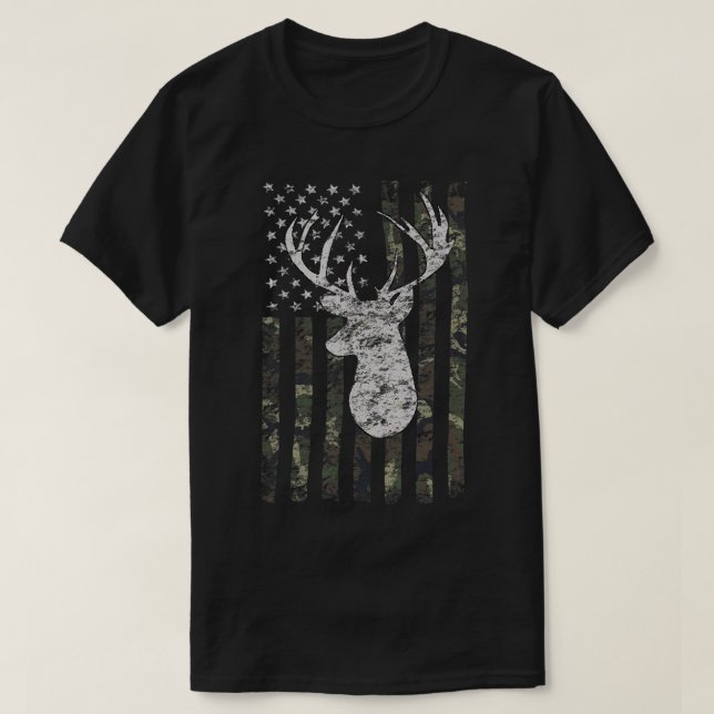 Deer Hunting Camo American Flag T-Shirt (Design Front)