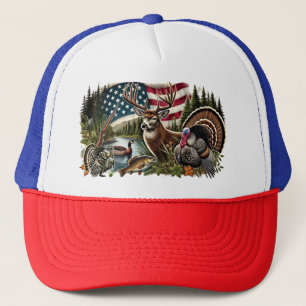 Deer Hunting Duck Fishing USA Flag Trucker Hat