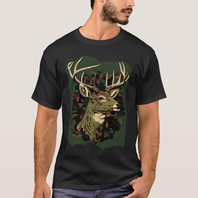 Deer Hunting Green Brown Camo Camouflage Artwork T-Shirt (Front)