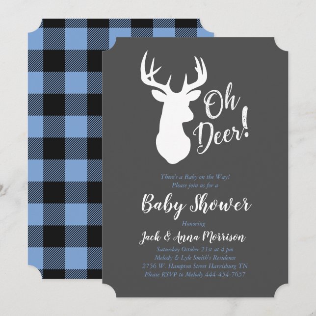 Deer Hunting Lodge Baby Shower Antlers Boy Blue Invitation (Front/Back)