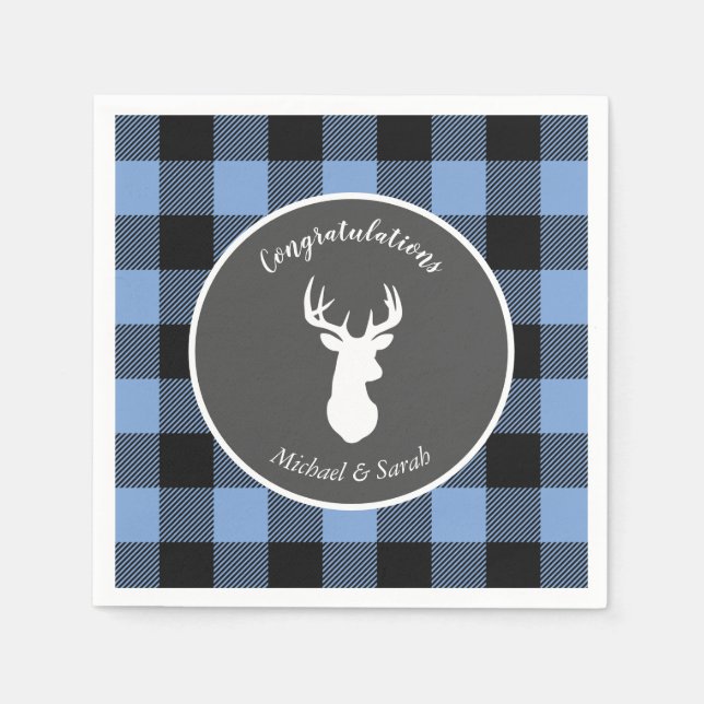 Deer Hunting Lodge Baby Shower Antlers Boy Blue Napkin (Front)