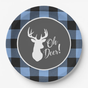 Deer Hunting Lodge Baby Shower Antlers Boy Blue Paper Plate