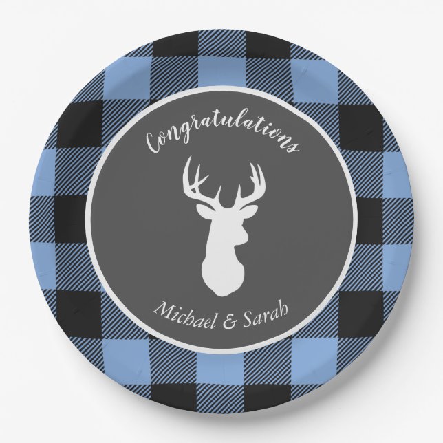 Deer Hunting Lodge Baby Shower Antlers Boy Blue Paper Plate (Front)