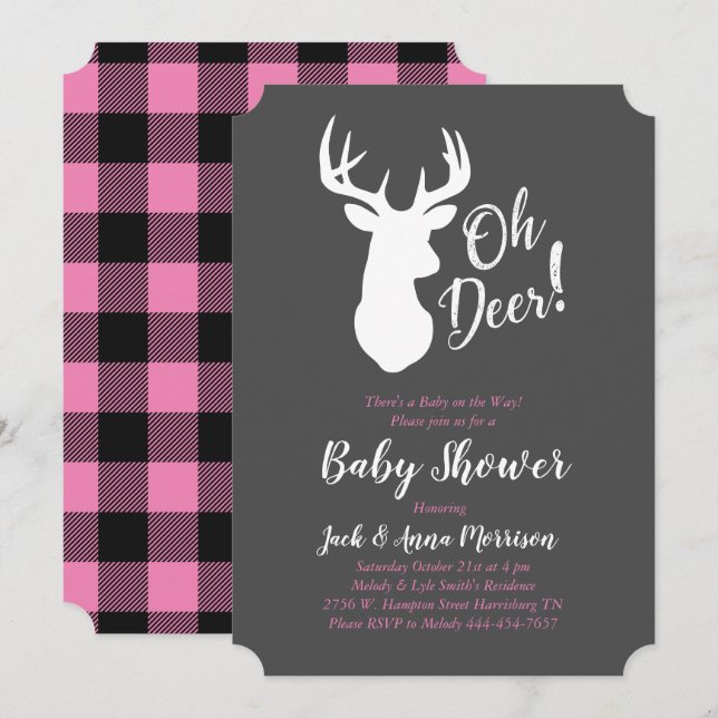 Deer Hunting Lodge Baby Shower Antlers Girl Pink Invitation (Front/Back)