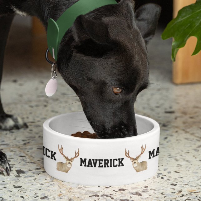 Deer Hunting Name Buck Antlers Cool Dog  (Deer hunting Antlers Personalized Dog Food Bowl. )