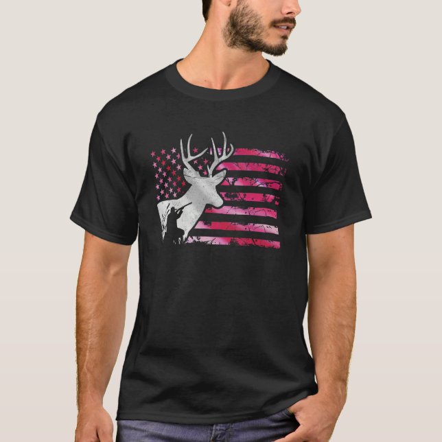 Deer Hunting Pink Camouflage Flag Distressed Pink  T-Shirt (Front)