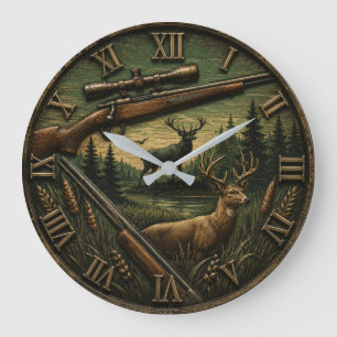 Deer Hunting Rustic Rifle & Whitetail Buck Large Clock