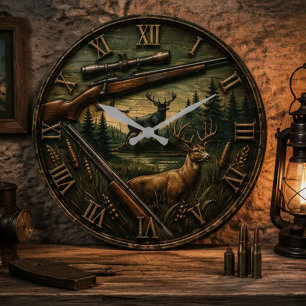 Deer Hunting Rustic Rifle & Whitetail Buck Large Clock