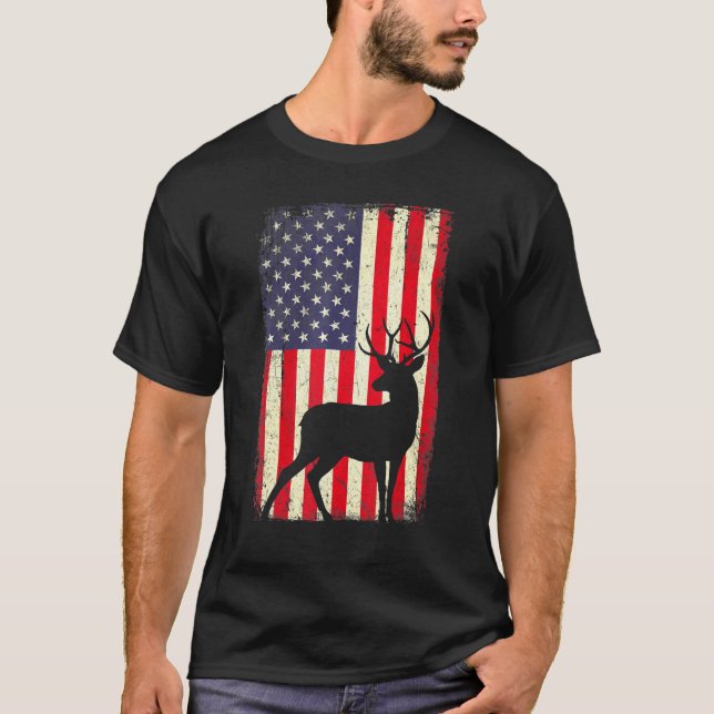 Deer Hunting Vintage American Flag Hunter T-Shirt (Front)