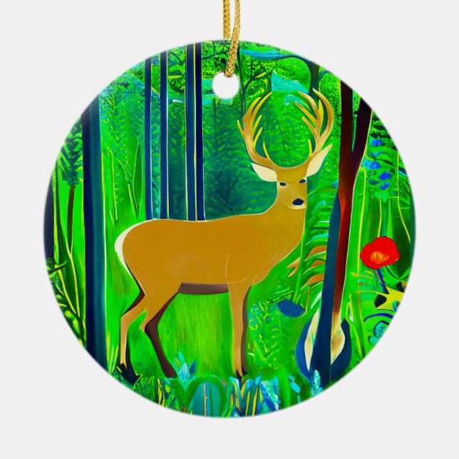 Deer in a Fantasy Forest Setting Ceramic Tree Decoration (Front)