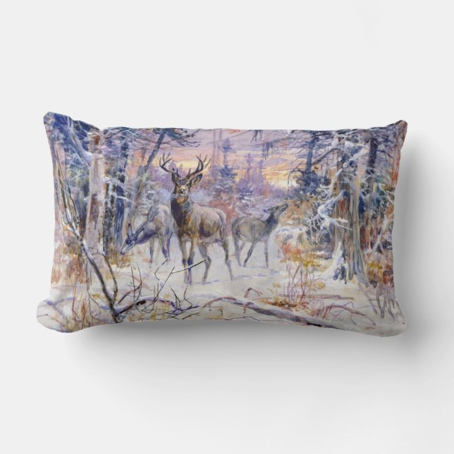 Deer in a Snowy Forest (Winter Season) Lumbar Cushion (Front)