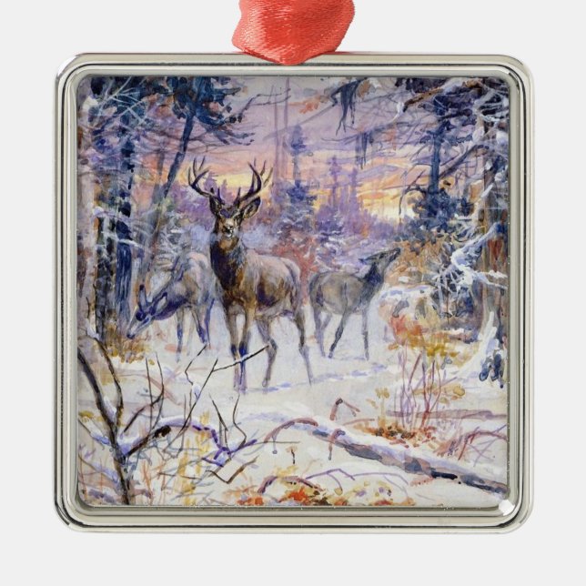 Deer in a Snowy Forest (Winter Season) Metal Tree Decoration (Front)