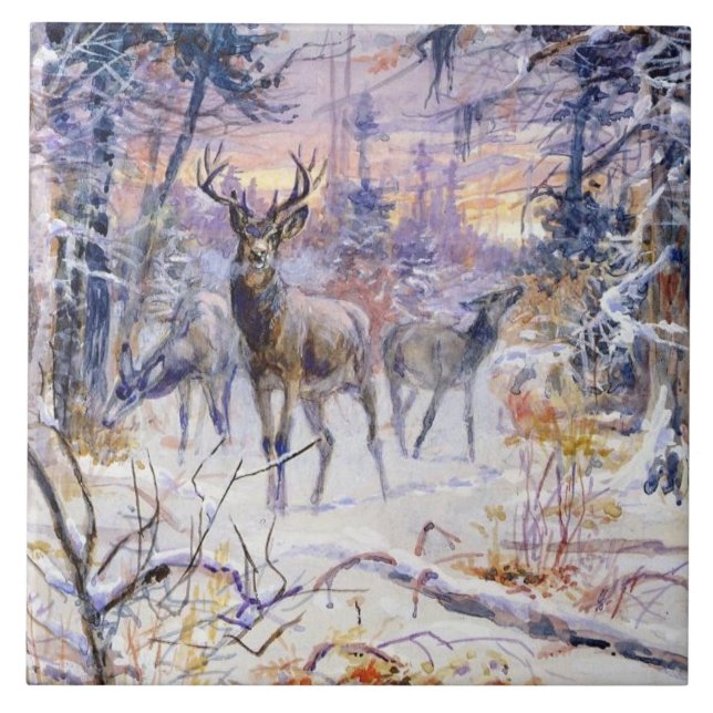 Deer in a Snowy Forest (Winter Season) Tile (Front)