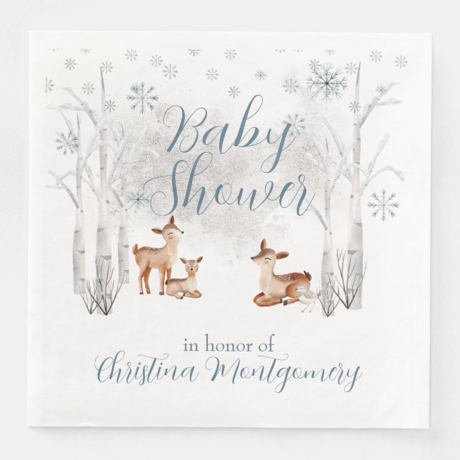 Deer in a White Winter Forest Baby Shower Napkin (Front)
