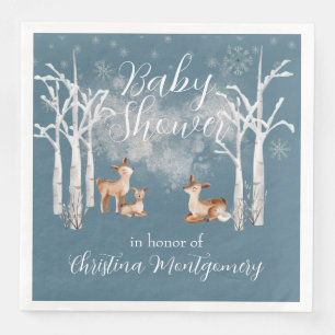 Deer in a White Winter Forest Baby Shower on Blue Napkin