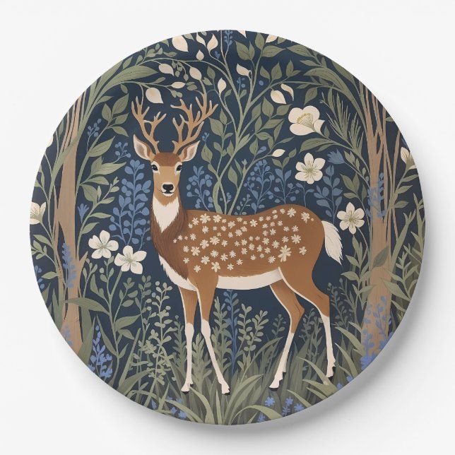 Deer In Bluebell Forest William Morris Inspired Paper Plate (Front)