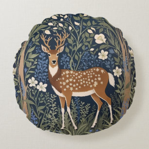 Deer In Bluebell Forest William Morris Inspired Round Cushion
