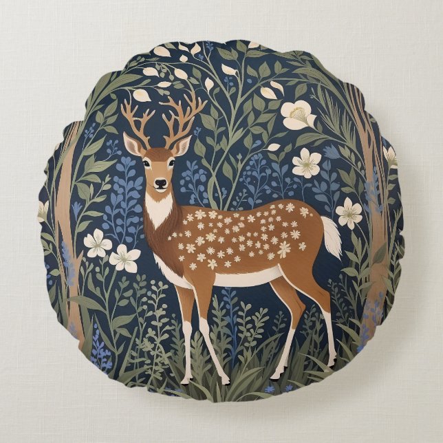 Deer In Bluebell Forest William Morris Inspired Round Cushion (Front)