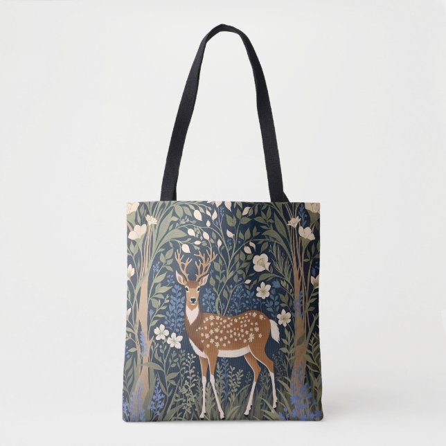 Deer In Bluebell Forest William Morris Inspired Tote Bag (Front)