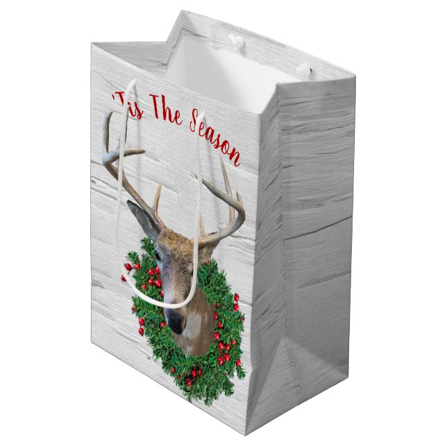 Deer In Christmas Wreath On Birch Medium Gift Bag (Front Angled)