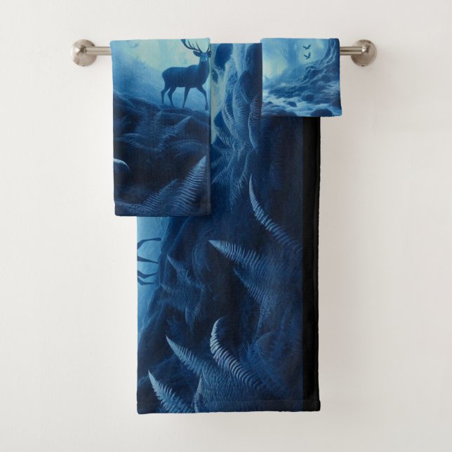 Deer in Dark Forest of Blue Haze Bath Towel Set (Insitu)