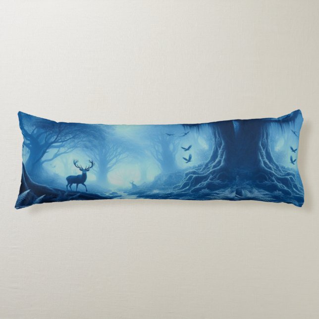 Deer in Dark Forest of Blue Haze Body Cushion (Front)