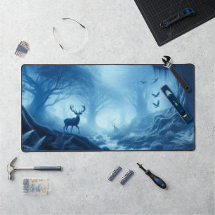 Deer in Dark Forest of Blue Haze Desk Mat