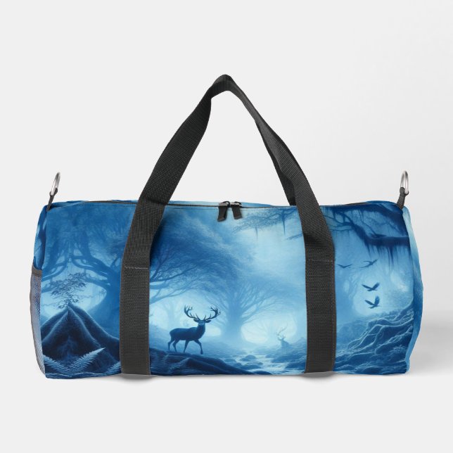 Deer in Dark Forest of Blue Haze Duffle Bag (Back)