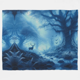 Deer in Dark Forest of Blue Haze Fleece Blanket
