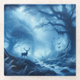 Deer in Dark Forest of Blue Haze Glass Coaster