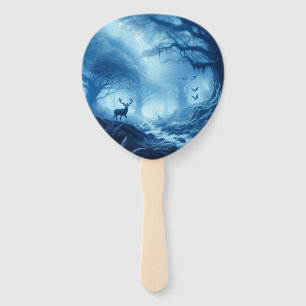 Deer in Dark Forest of Blue Haze Hand Fan