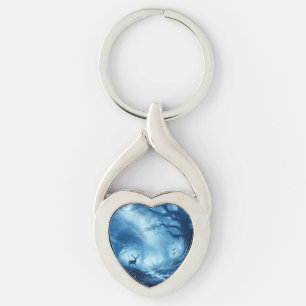 Deer in Dark Forest of Blue Haze Key Ring