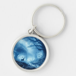 Deer in Dark Forest of Blue Haze Key Ring
