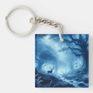 Deer in Dark Forest of Blue Haze Key Ring