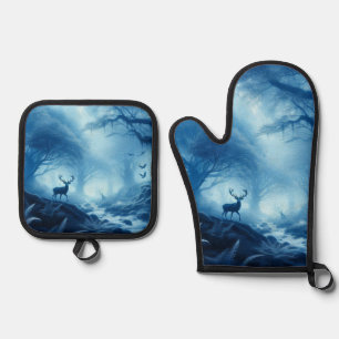 Deer in Dark Forest of Blue Haze Oven Mitt & Pot Holder Set