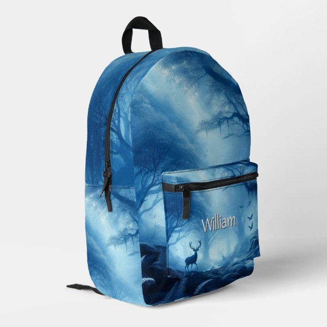 Deer in Dark Forest of Blue Haze Printed Backpack (Back Corner Left)