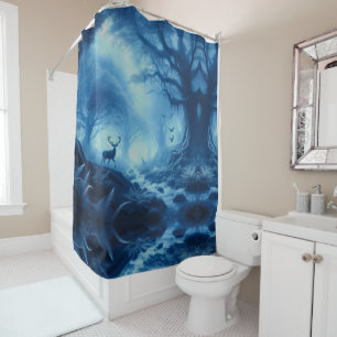 Deer in Dark Forest of Blue Haze Shower Curtain