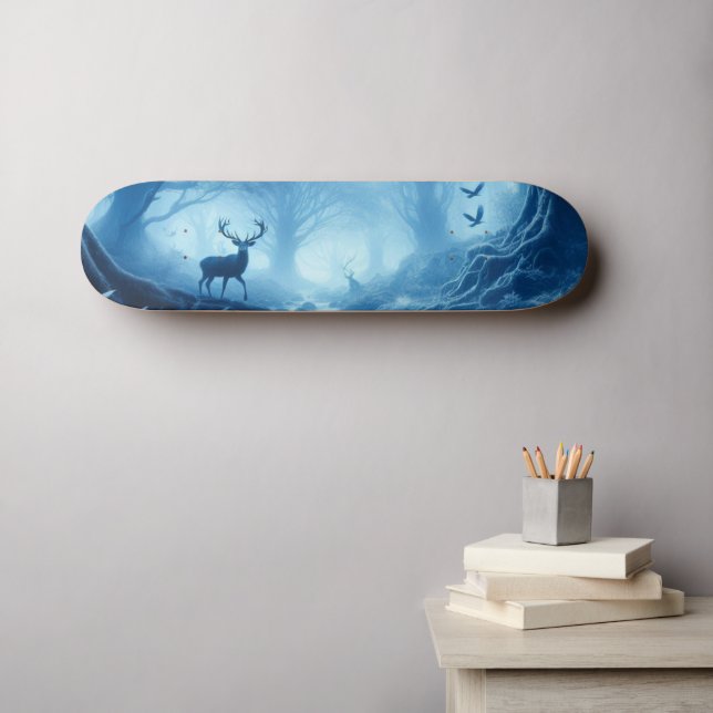 Deer in Dark Forest of Blue Haze Skateboard (Wall Art (Horz))