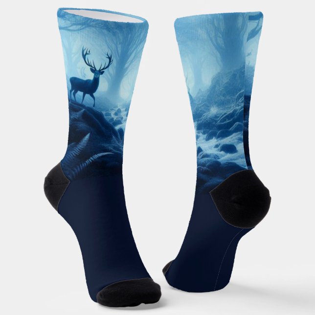 Deer in Dark Forest of Blue Haze Socks (Angled)