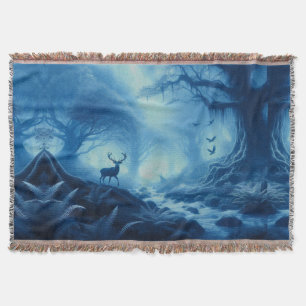 Deer in Dark Forest of Blue Haze Throw Blanket