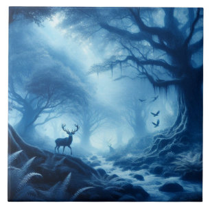 Deer in Dark Forest of Blue Haze Tile