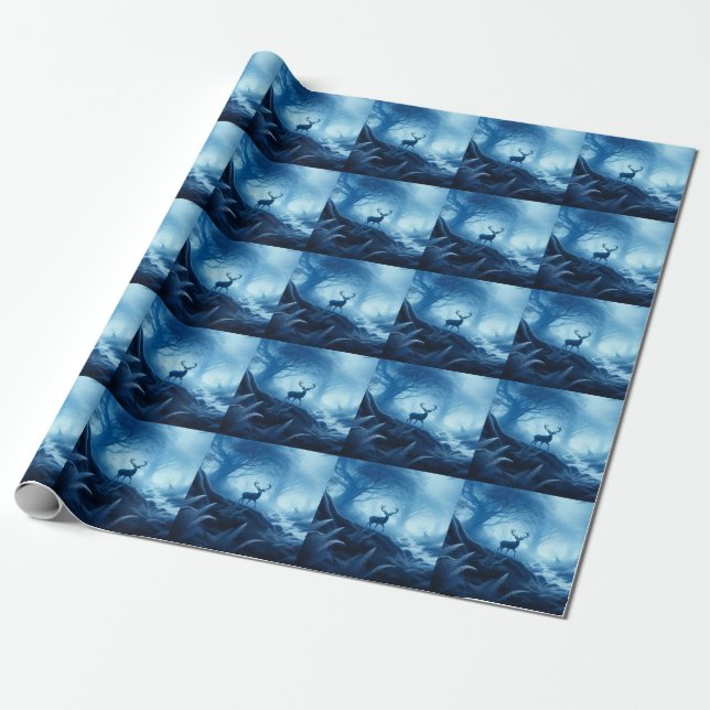 Deer in Dark Forest of Blue Haze Wrapping Paper (Unrolled)