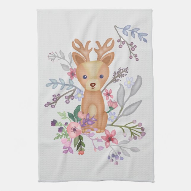 deer in flower beds tea towel (Vertical)