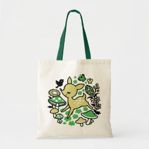 Deer in forest -green tote bag