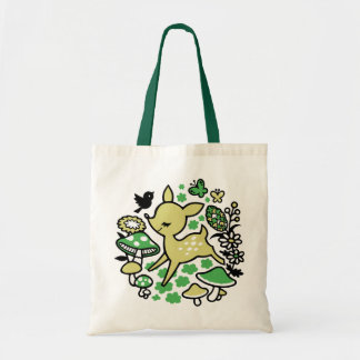 Deer in forest -green tote bag