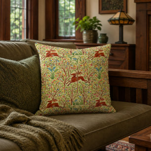 Deer In Forest Retro Art Nouveau Pattern by Voysey Cushion
