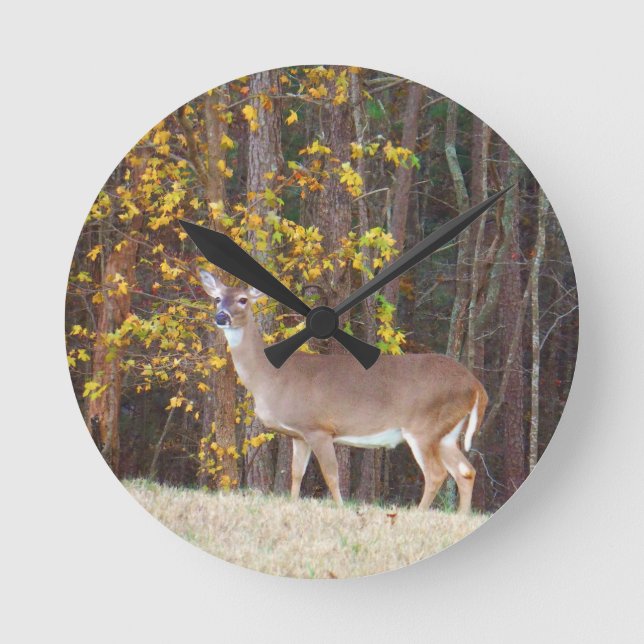 Deer in Front of Yellow Autumn Tree Round Clock (Front)